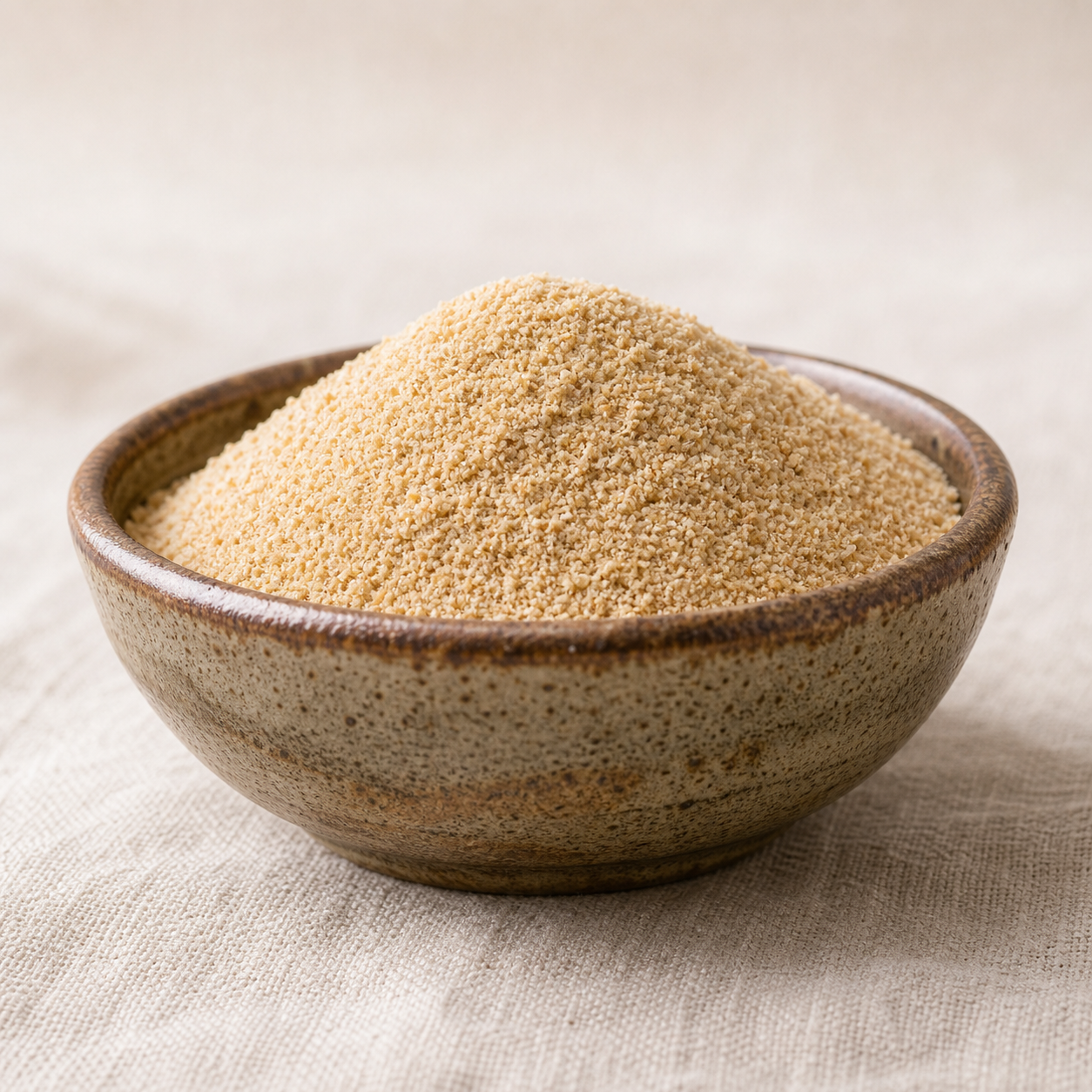 Clean aged garlic powder ingredient in a ceramic bowl