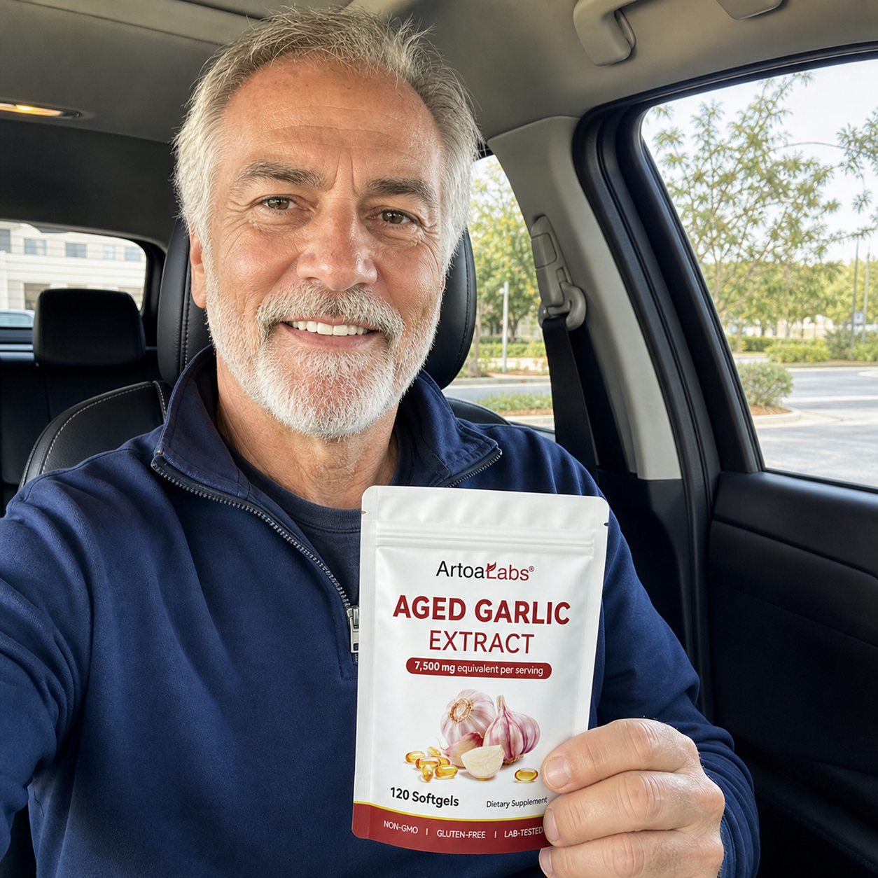 ArtoaLabs customer holding aged garlic extract in a car