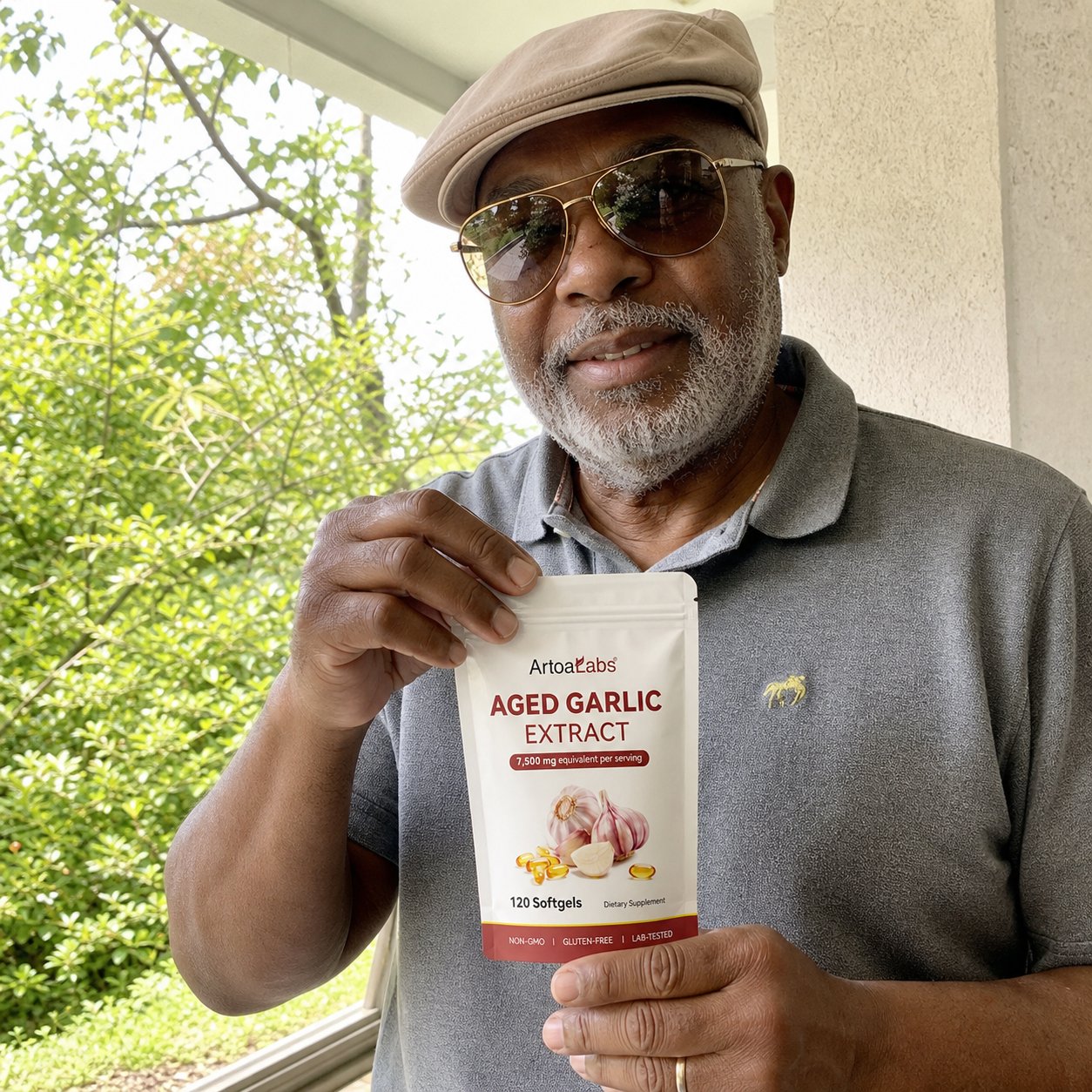 ArtoaLabs customer outdoors holding aged garlic extract