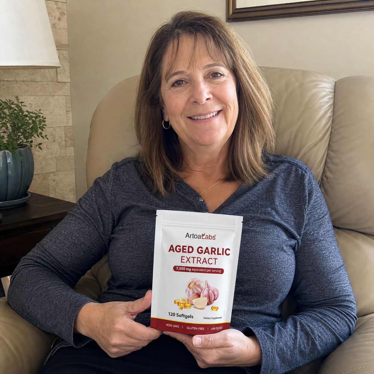 ArtoaLabs customer seated at home holding aged garlic extract