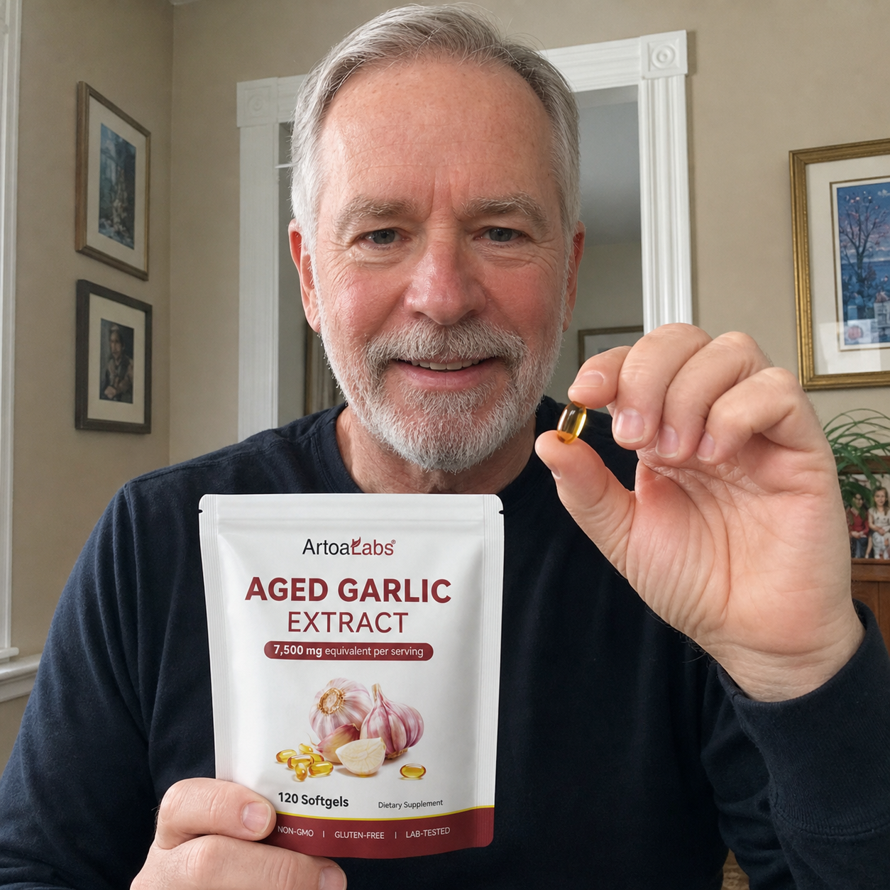 ArtoaLabs customer holding aged garlic extract and a softgel