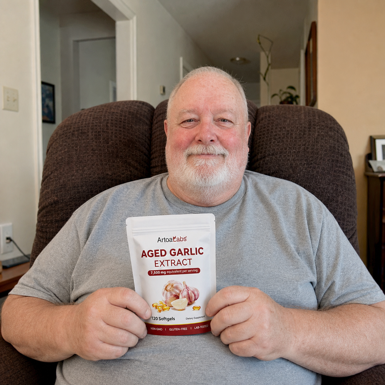 ArtoaLabs customer in a recliner holding aged garlic extract