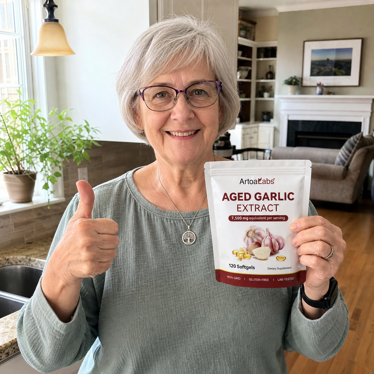ArtoaLabs customer giving thumbs up while holding aged garlic extract